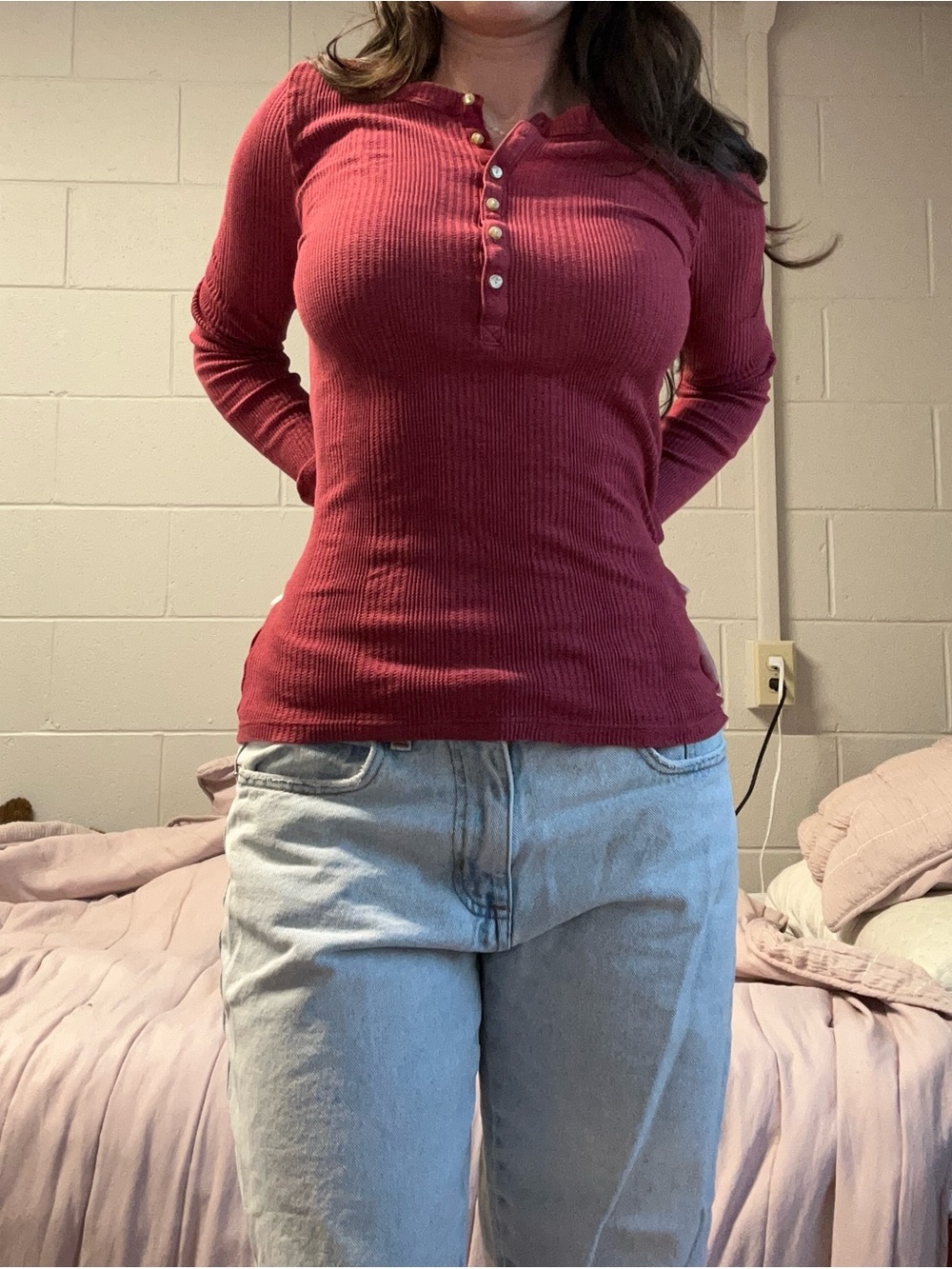 aerie Ribbed Henley Long-Sleeve Top - Berry Red